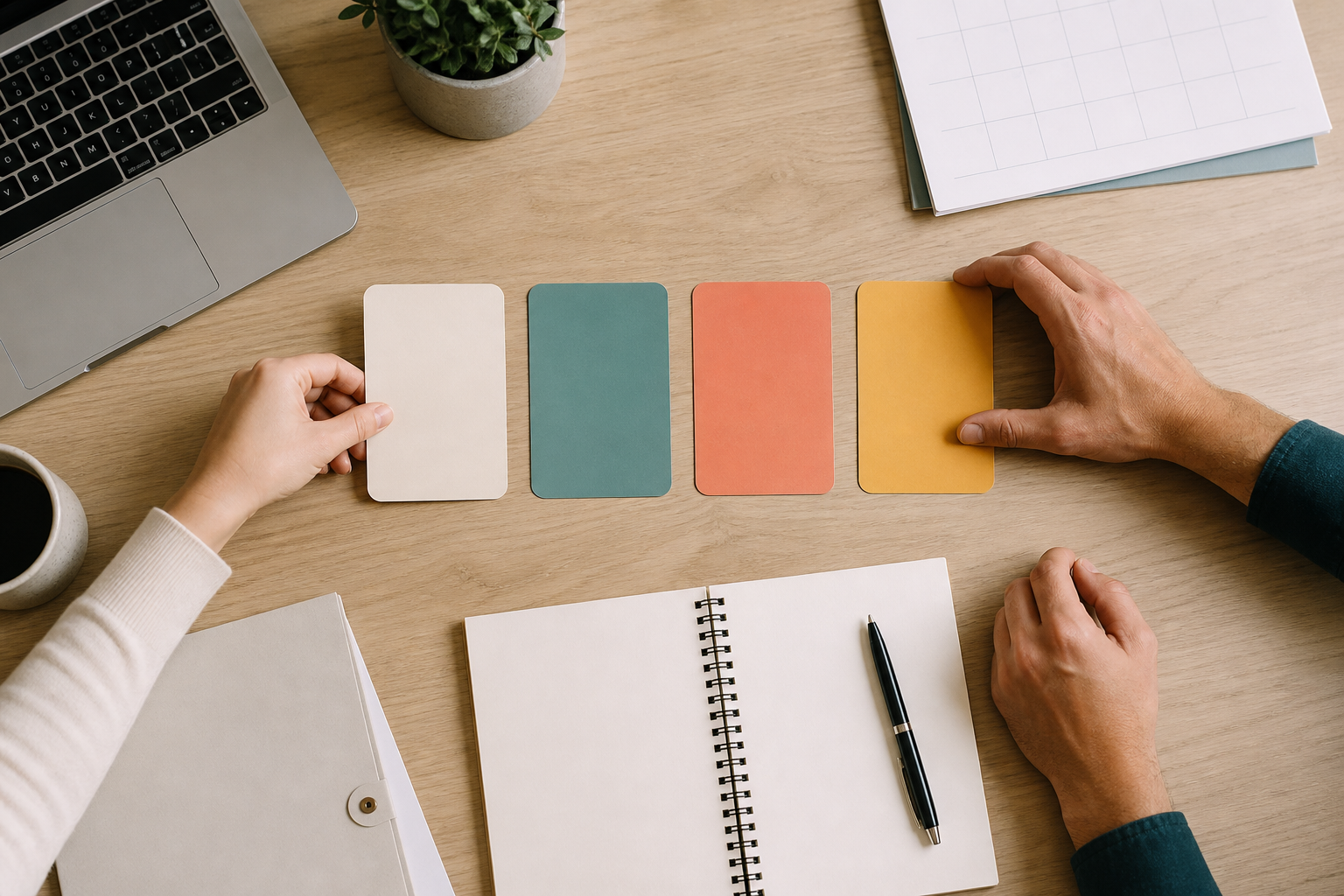 Four color-coded planning cards arranged as a clear sequence on a study desk