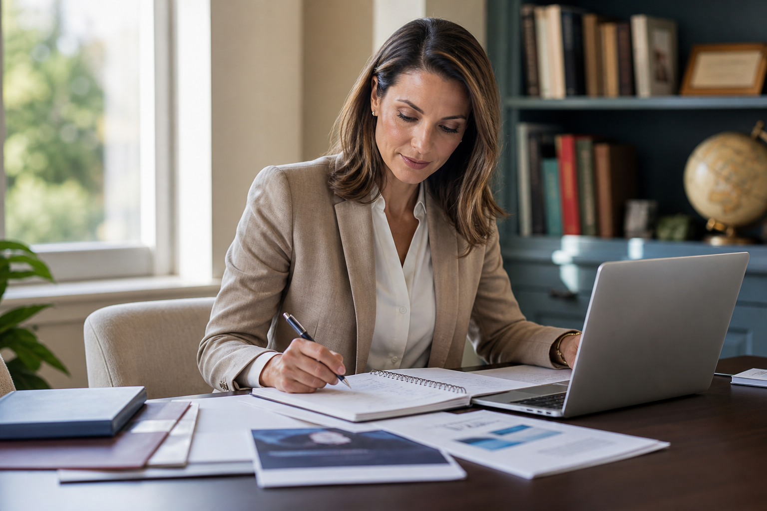 An education consultant reviewing a student's study plan at her desk