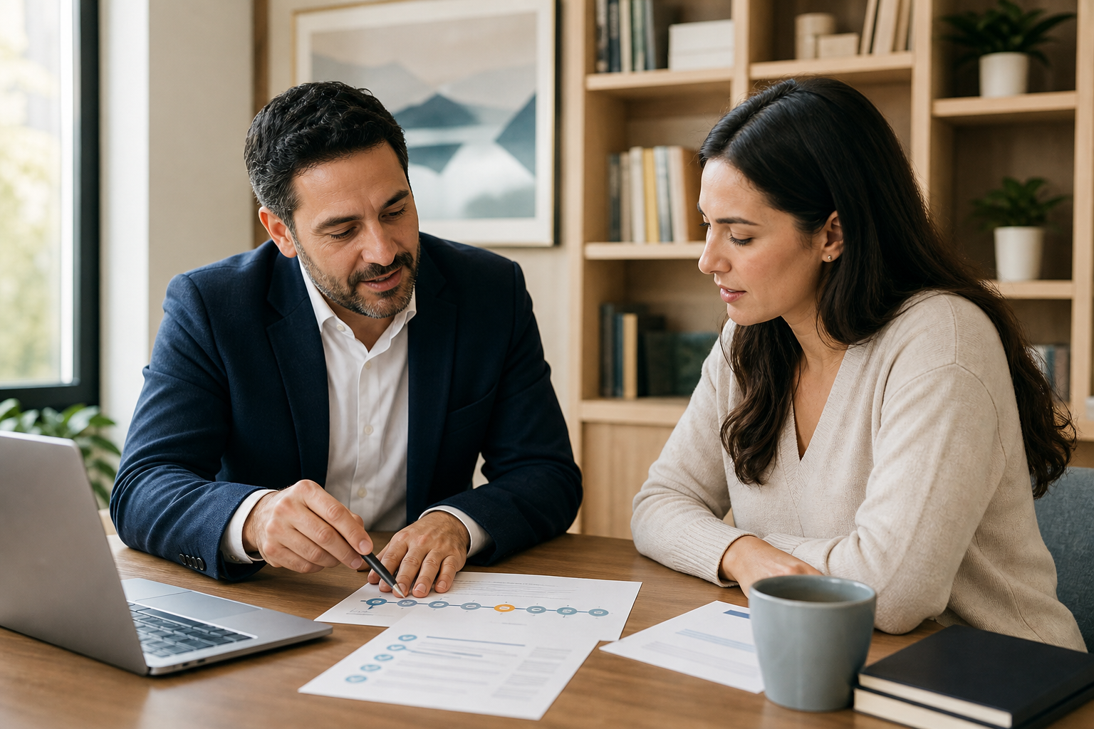 A consultant and university applicant reviewing a practical application timeline